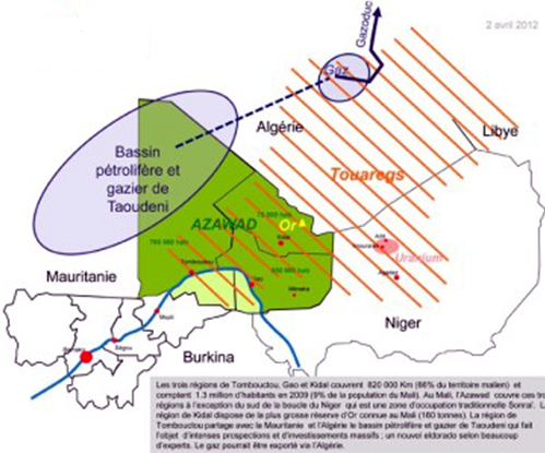 This map shows the area claimed as Azawad which is currently under MNLA and Ansar Dine control. It also show the minerals wealth in the area as well as Touareg areas. The blue line is the Niger River. It also delineates the 9 regions (states) in Mali.